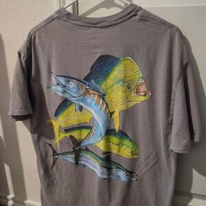 Guy Harvey Mens Large Gray Fishing Graphic Pocket T-Shirt Mahi Mahi Wahoo Fish